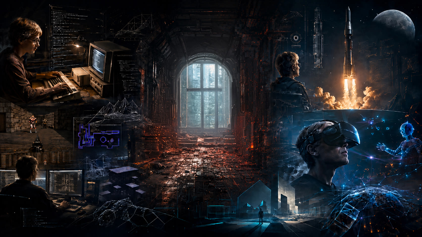 Montage : John Carmack et l'univers du code, de la 3D, des fusées, de la VR et de l'IA (illustration créée pour l'archive).